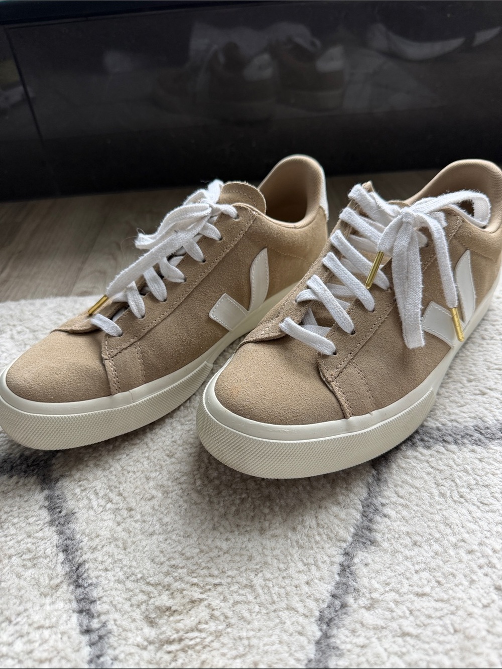 Veja Campo Suede Sneakers in Tan with White V Logo